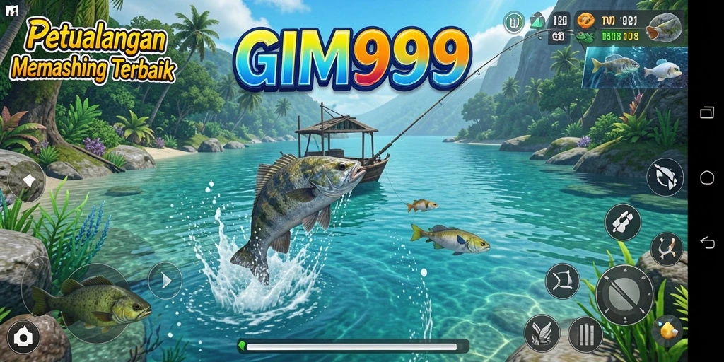 Tampilan gameplay GIM999 dengan menampilkan momen memancing yang seru.