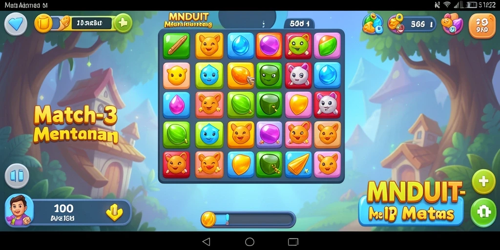 Screenshot gameplay MNDUIT yang menunjukkan keseruan mencocokkan buah-buah yang ceria.